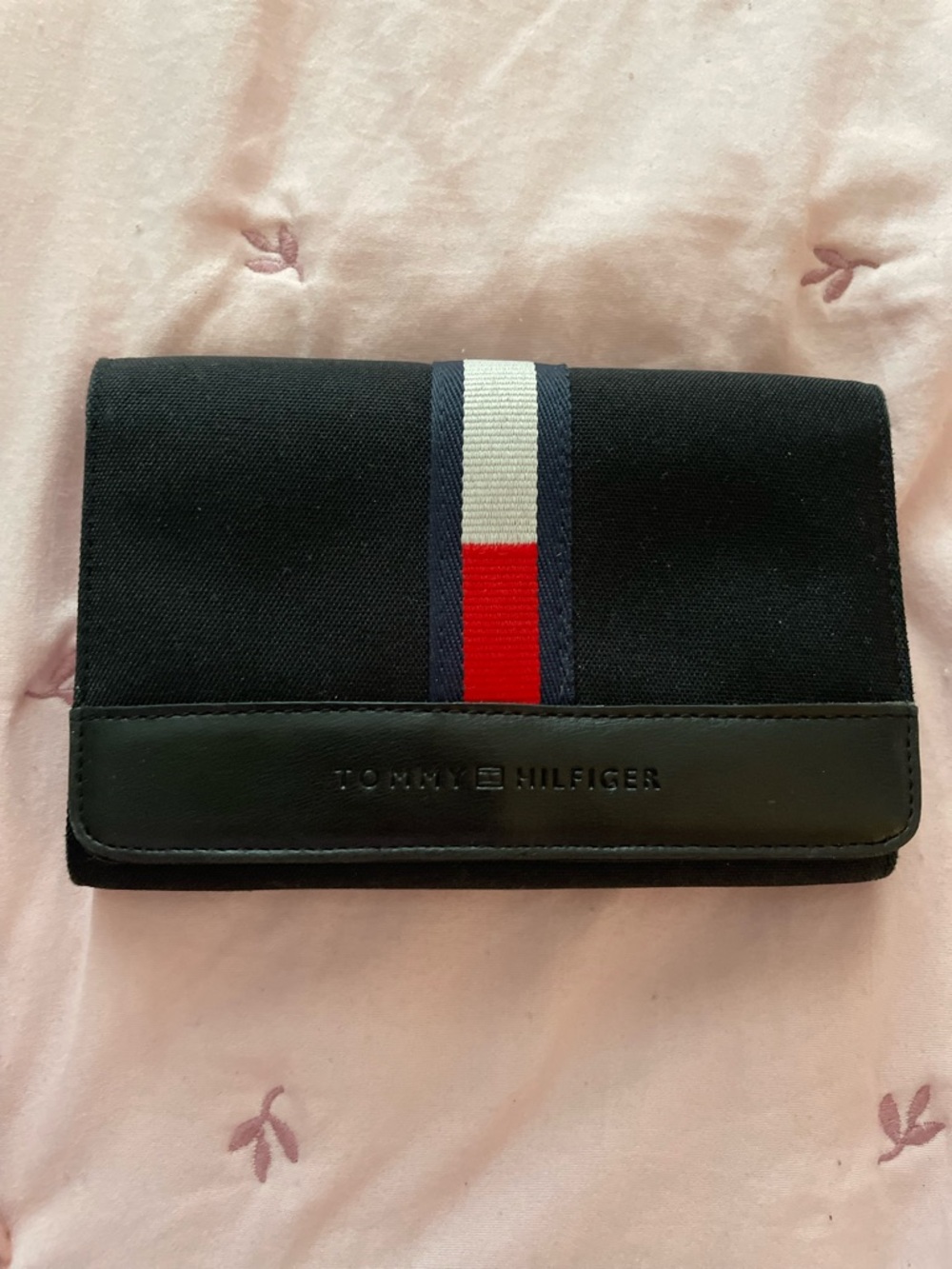 Tommy Hilfiger Navy Blue Trifold Wallet with Signature Stripe
